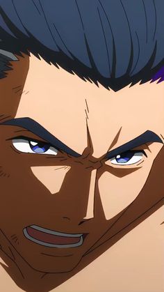 this is a closeup anime portrait of a man with short, dark blue hair and intense blue eyes. he has a determined expression on his face. the lighting is bright and sunny, highlighting the contours of his face. the overall palette is warm and inviting.