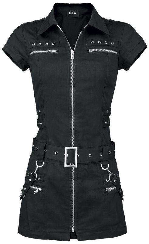 a black short sleeve dress with a zipper down the front. it has a belt with buckles and straps and is made in a punk rock style. the dress is being modeled on a white background and is photographed from the front.