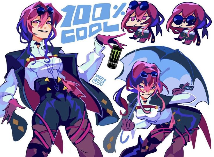 the image is a vibrant digital drawing featuring a stylized anime girl in multiple poses.  the main focus is a larger, dynamic illustration of the character in a cool outfit, holding a monster energy drink.  smaller chibistyle versions of the character are also included, showing variations in expression and pose. the background includes text reading "100% cool". one version of the character holds an umbrella. the overall style is energetic and expressive, with bold colors and lines.