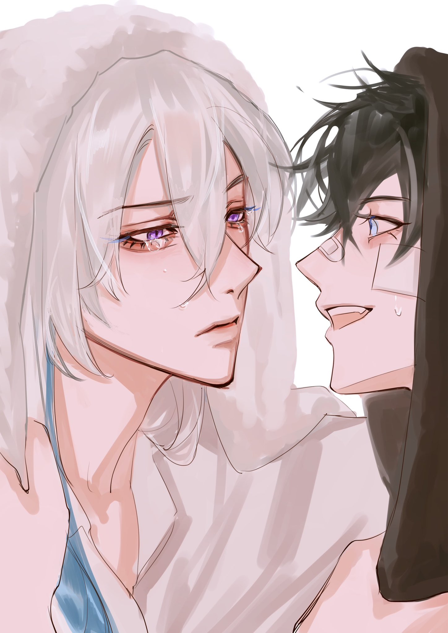 this digital art piece features a closeup of two anime boys. the boy on the left has white hair and purple eyes, and is wearing a white hooded sweatshirt with a light blue undershirt visible. he has a gentle, tearful expression. the boy on the right has black hair and blue eyes. he is wearing a black hooded sweatshirt and has bandages over part of his face. he has a mischievous and affectionate smile. the boys are looking at each other with a mix of emotion and tenderness, suggesting a romantic relationship or strong bond. the soft and delicate style of the artwork adds to the warmth and intimacy of the scene.