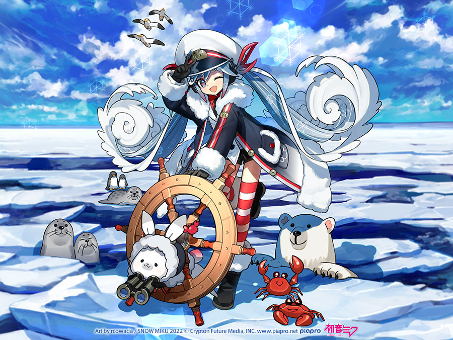 the illustration features snow miku, a popular character based on hatsune miku, dressed in a winterthemed outfit with a captain's hat. she is standing on an ice floe in an arctic environment with a ship's wheel beside her. surrounding her are various arctic animals like seals, penguins, a polar bear, a rabbit wearing binoculars, and two crabs. the background depicts a bright blue sky with stylized snow and ice formations, and a partially frozen ocean.