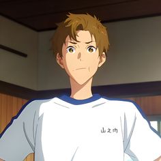 this is a digital illustration of a young man with short brown hair, wearing a white tshirt with blue trim. the setting appears to be inside a home, with natural lighting illuminating the scene. the man is looking directly at the viewer with a neutral expression.  the overall tone of the image suggests a casual and everyday moment.