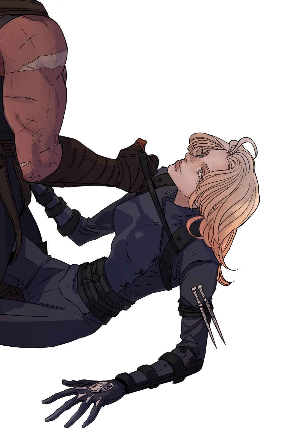 a drawing depicts a blonde woman being held in a chokehold by a muscular man. the woman is wearing a dark blue outfit with straps and buckles, and a glove with a design on it. she has a pair of blades attached to her sleeve. the man has dark skin and is wearing dark clothing and arm wraps.