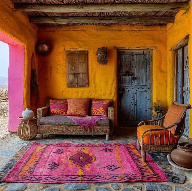 a vibrant and colorful interior scene with a rustic, traditional aesthetic. the room features a sofa with patterned pillows, a chair with an orange cushion, and a pink rug on a stone floor. the walls are painted in shades of orange and yellow, with a pink column framing the entrance. a weathered wooden door and window add to the architectural details. various decorative elements, such as pottery and woven baskets, enhance the ethnic and bohemian vibe. the scene suggests a location near a desert landscape.