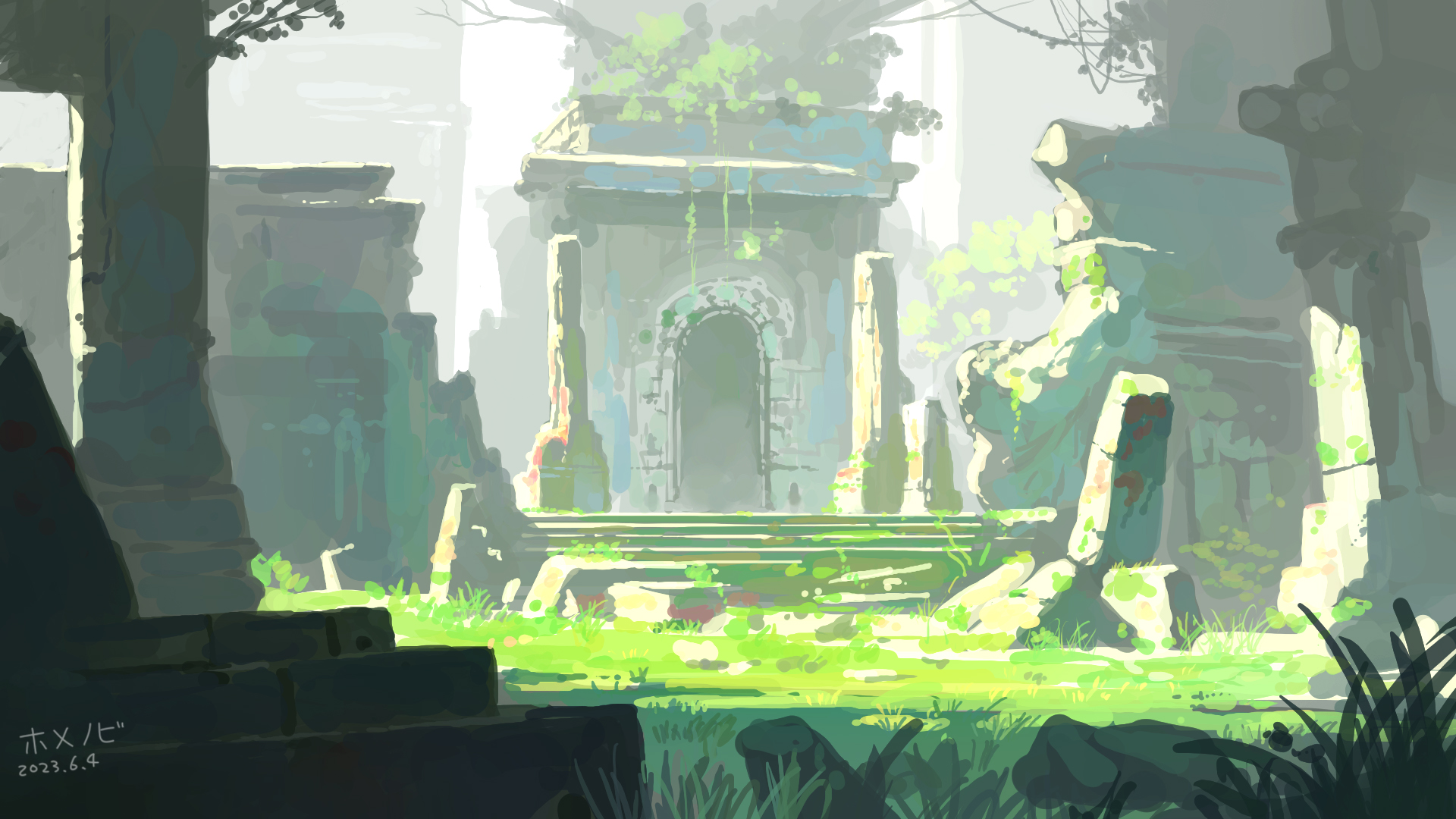 the image is a digital painting depicting the ruins of an ancient stone temple or structure, heavily overgrown with lush green vegetation. the architecture suggests a classical or possibly mayan style.  the scene is bathed in soft, diffused sunlight, creating a misty, atmospheric effect. the overall mood is serene and peaceful, suggesting a sense of age and mystery. the style is reminiscent of concept art or game art, with painterly brushstrokes and a focus on mood and atmosphere rather than extreme detail. the ruins are partially obscured by overgrown plants, creating a sense of discovery and exploration.  a path leads to a central doorway in the main structure.  the overall color palette is muted greens and grays, with bright accents of green grass.