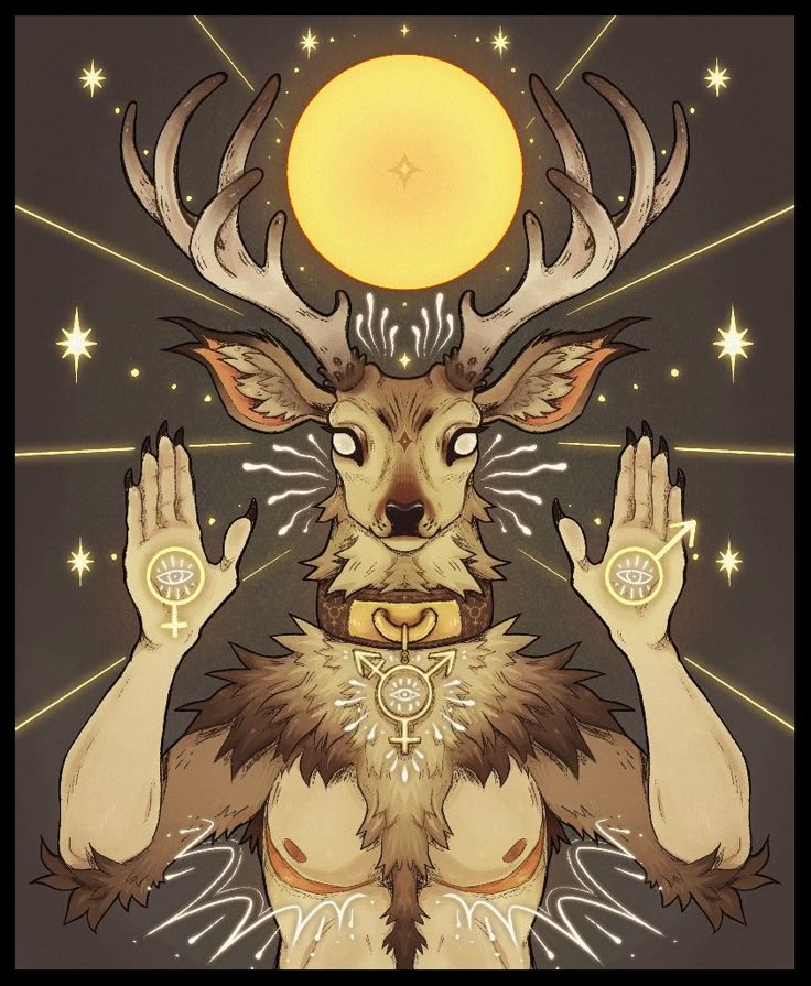 the image depicts an anthropomorphic deer creature. it has a deer's head and antlers, but a humanoid torso with bare chest. it wears a collar with a trans symbol pendant. each hand is held up displaying gender symbols with an eye inside. a glowing orb sits above the head, surrounded by stars and radiating light beams.