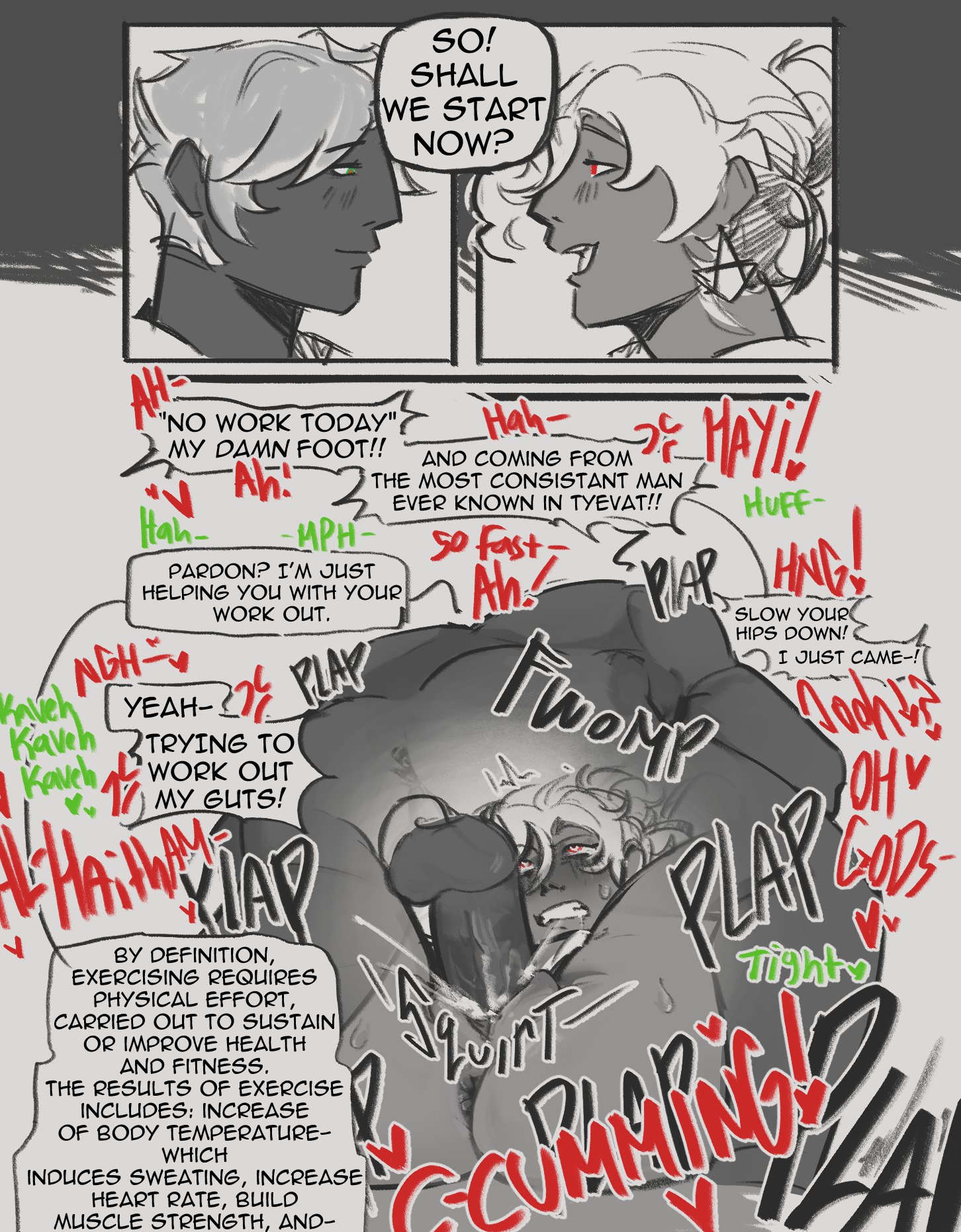 the image is a yaoi mangastyle comic depicting two male characters engaged in a sexual act. the art style is sketchy and expressive, with a lot of dynamic action lines and onomatopoeia suggesting movement and sound. the comic is explicit, showing the characters in a state of undress and engaging in intercourse. there's dialogue throughout the comic, suggesting playful banter and consent between the characters.  one panel includes an informational box about the definition of exercise,  ironically juxtaposed with the graphic sexual act. the overall tone is energetic, passionate, and suggestive.