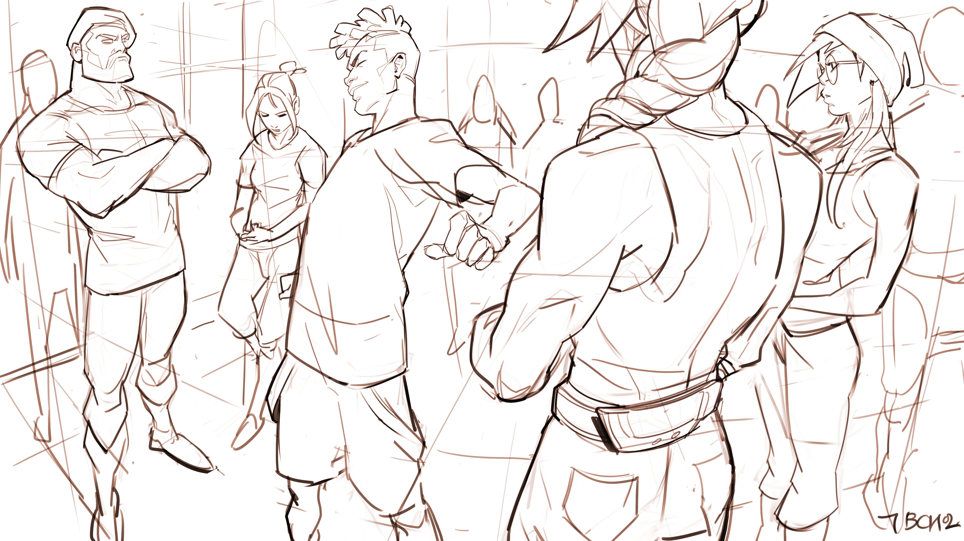 a sepiatoned sketch shows a group of diverse young adults standing in what appears to be an urban setting. the style is rough and unfinished, with visible lines and shading indicating a work in progress.  the characters are casually dressed, and their poses and expressions suggest a moment captured in a busy public space.  a muscular man stands with his arms crossed, seemingly observing the others.  one young woman appears thoughtful, while others interact, exhibiting a range of body language. the sketch lacks sharp detail, emphasizing the fluidity of movement and the overall impression of the scene. the background is indistinct, focusing attention on the figures.