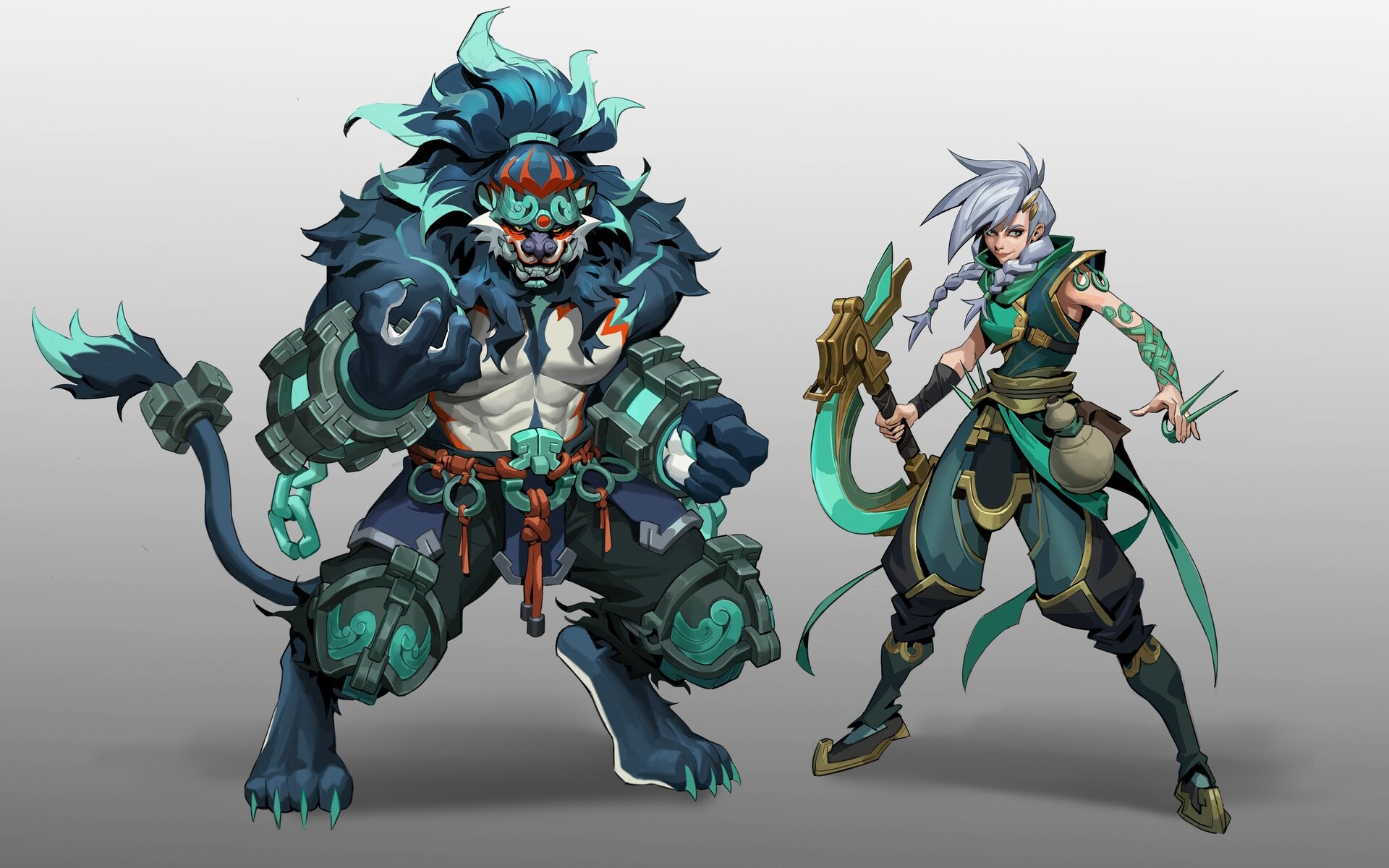 he image showcases two distinct characters, rendered in a vibrant style reminiscent of fantasy game art or concept art.  on the left, a powerful, anthropomorphic lionlike creature dominates the frame. it boasts dark bluegray fur, teal accents, and intricate mechanical or armored details on its arms and legs. its expression is serious and determined.  the creature is muscular, suggesting strength and aggression. to the right, a female warrior stands, holding a large curved tealcolored weapon resembling a scythe or a crescent blade. she is agilelooking and wears flowing teal and gold clothing adorned with intricate patterns. her hair is pale gray or silver, and her expression conveys a sense of focused alertness.  the overall color palette is dominated by cool tones of teal, turquoise, and gray, accented by gold. the background is a simple, light gray, making the characters the clear focal point. the artistic style suggests a mixture of traditional and stylized elements, creating a visually appealing image suitable for a variety of applications in the gaming or fantasy art world.