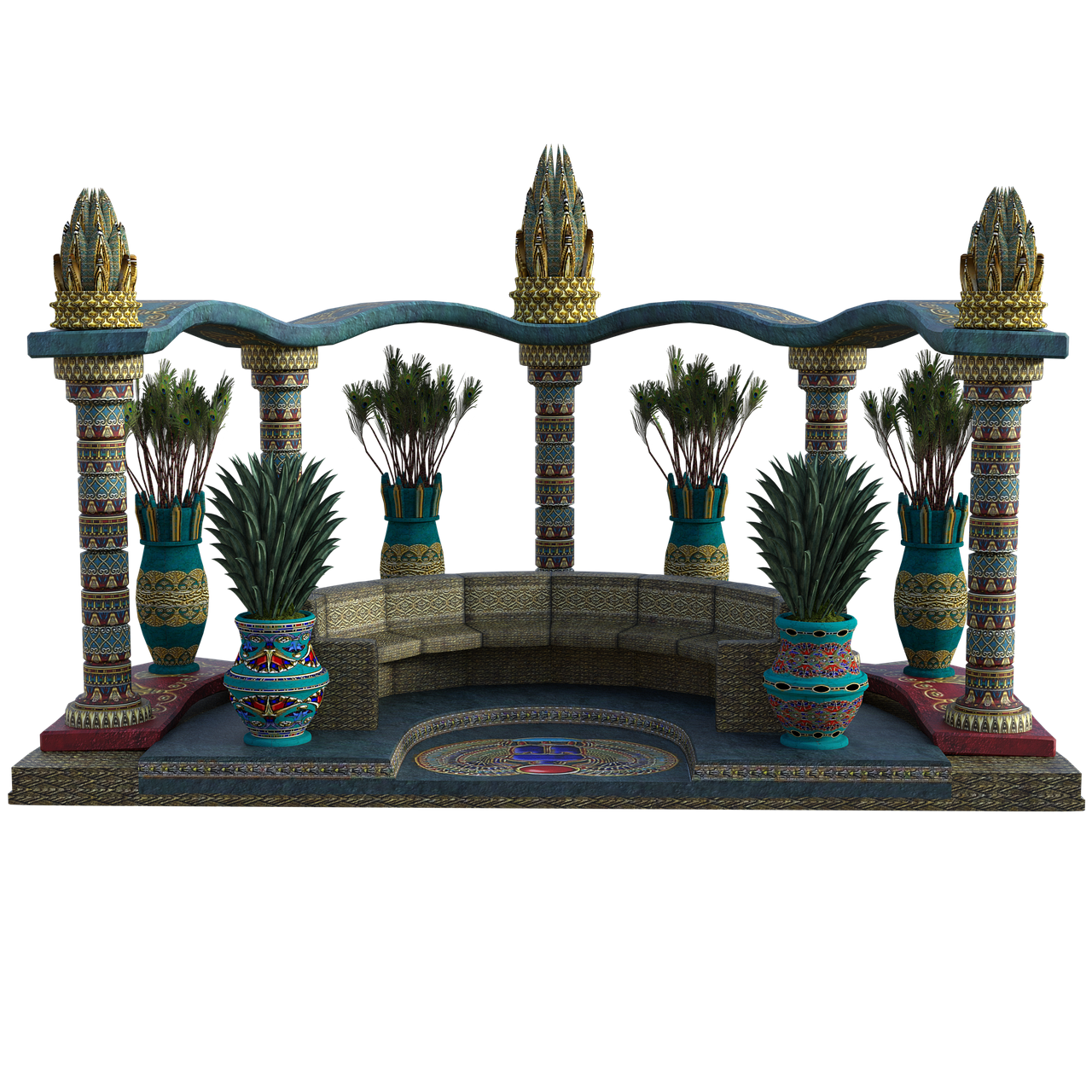a stylized digital rendering of an egyptianthemed gazebo. the structure features multiple columns decorated with ornate patterns and topped with golden elements. between the columns are large, decorative pots containing plants. a cushioned seating area is built into the back of the gazebo, and a patterned rug lies on the floor. the background is black.