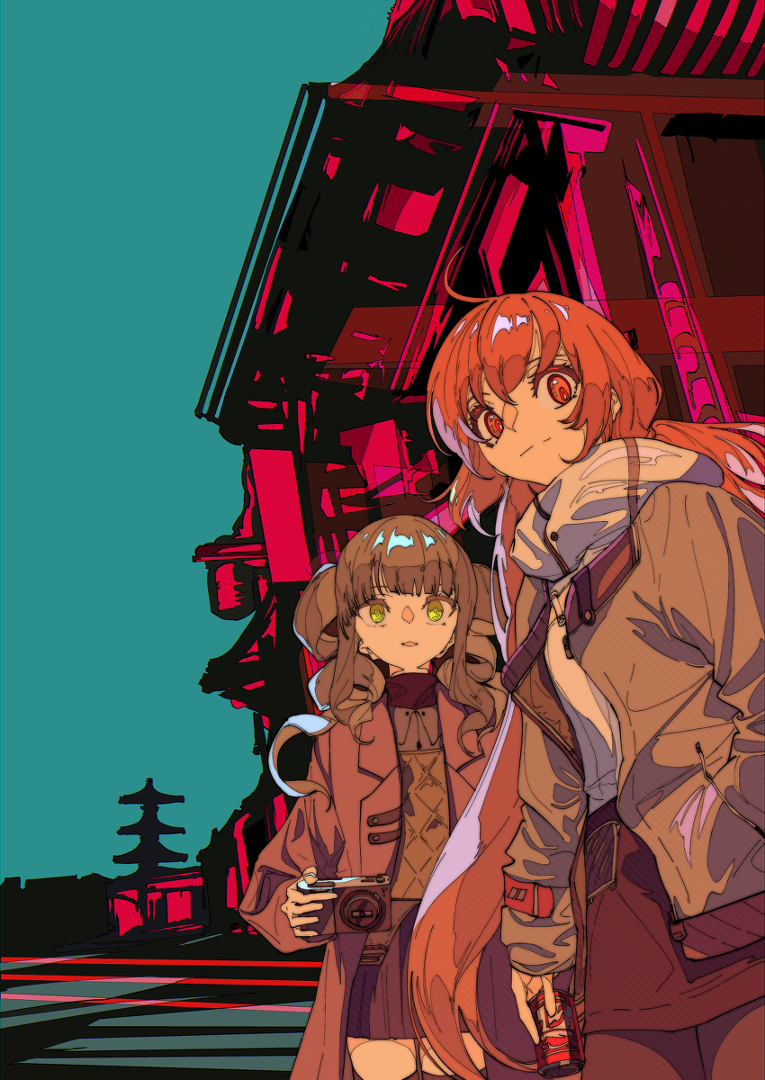 the image is a vibrant digital illustration of two animestyle girls standing in front of a futuristic, stylized japanese cityscape at night. the girl on the right has long, bright orange hair and is wearing a tan jacket, while the girl on the left has brown hair and is wearing a maroon coat and holding a camera. the background features a blend of traditional japanese architecture and modern cyberpunk elements with bright neon signs and geometric shapes. the overall style is dynamic, colorful, and expressive, with a focus on character design and atmosphere.  the scene suggests a narrative of travel, sightseeing, or perhaps an adventure in a technologically advanced and culturally rich setting.