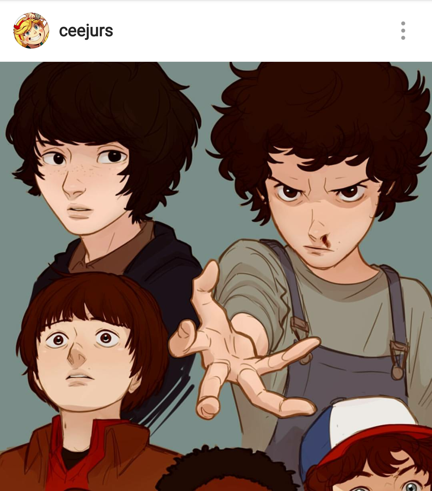 the image is a fan art illustration of the main characters from the netflix show stranger things. it features five boys, presumably mike, eleven, dustin, lucas, and will, with a look of determination on their faces. the drawing style is cartoonlike with exaggerated features. the overall color palette is warm and muted, with a focus on browns, oranges, and reds.