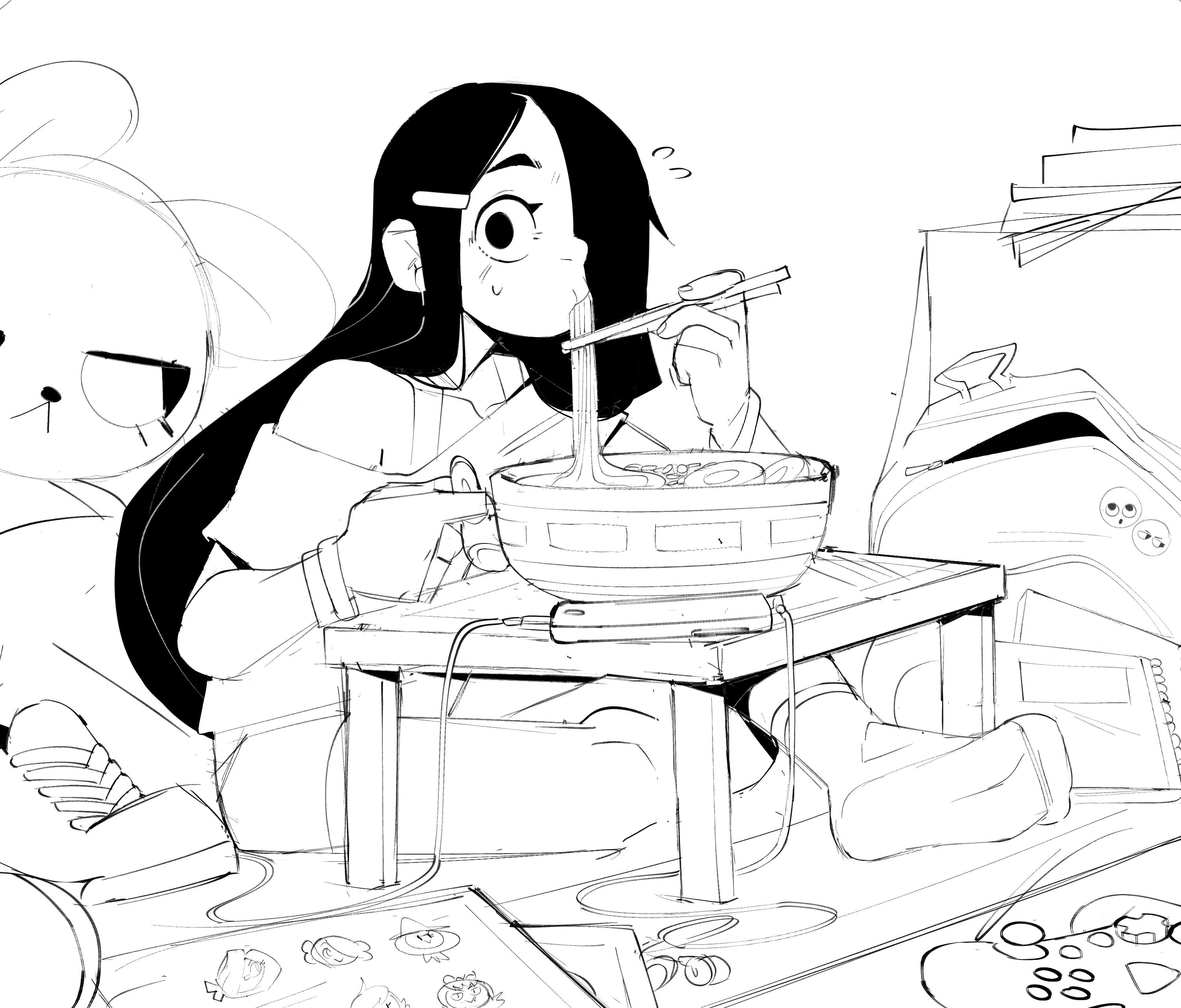 a black and white line art drawing of a girl sitting at a table eating ramen with chopsticks. she is wearing a longsleeved shirt with the collar pulled up. she has long black hair that is pulled back from her face, and she has a serious expression on her face. there is a large backpack on the floor next to her. the table is covered with a notebook and other items. the girl is surrounded by a messy room, which suggests that she is a student. the drawing is done in a cartoon style and has a fun and energetic feel.