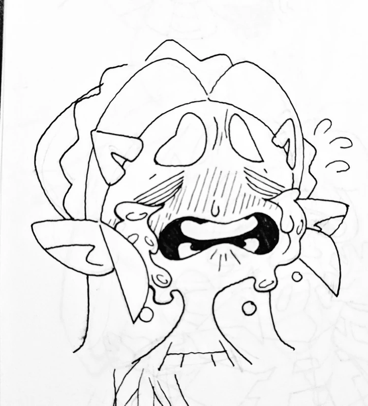 a black and white drawing of a cartoon character crying. the character is in a lot of distress, and its face is contorted in sadness. it appears to be wearing a large coat and has a large mouth with big eyes.  this is likely a handdrawn illustration.