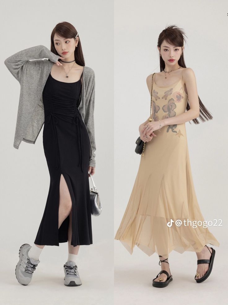 the image showcases two women in different outfits. on the left is a woman wearing a gray cardigan over a black midi dress with a side slit. she's paired with gray sneakers and simple jewelry. on the right, a woman is wearing a beige floral midi dress with sandals. she carries a small handbag and wears minimal jewelry. both women are posed against a lightcolored background.  the overall style is chic and minimalist.