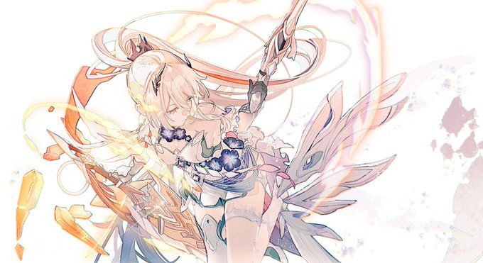 an animestyle female character with long, flowing white hair and horns. she is wearing a flowing white and blue outfit with gold accents. her eyes are closed and she is wielding a sword in her right hand. swirls of orange and yellow energy emanate from the sword and her body. the background is white with faint, swirling lines of color.