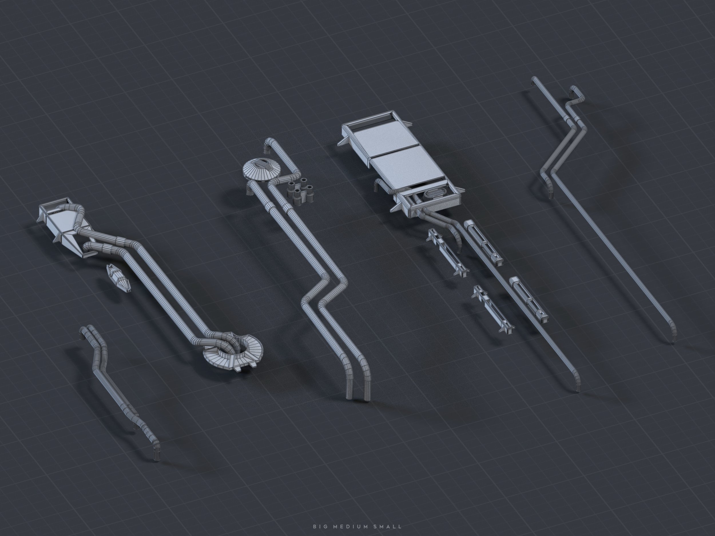 the image is a 3d wireframe rendering of what appears to be a disassembled section of futuristic machinery or industrial equipment.  the components are presented in an isometric view against a dark grey grid background.  the parts consist of various pipes and connectors of different sizes, labeled "big, medium, small" suggesting modularity. the overall style suggests a technical blueprint or schematic, possibly for a science fiction or futuristic setting.  the wireframe style showcases the interconnectedness of the parts and reveals internal details of their structure.