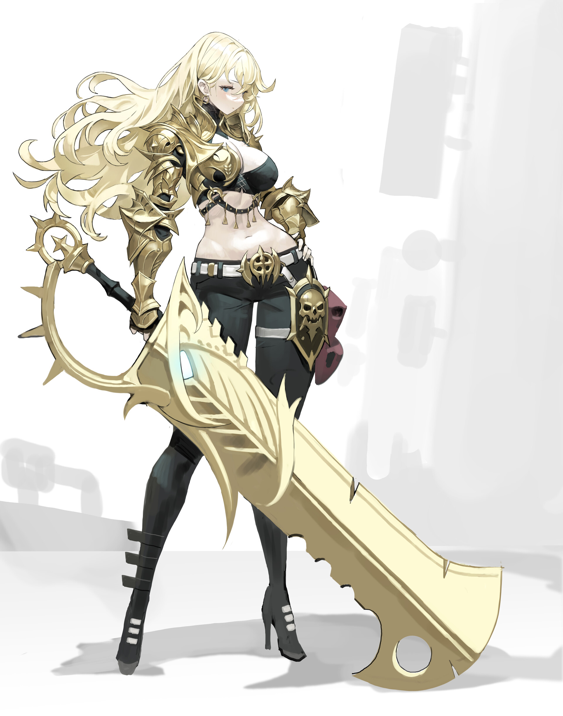 a full body shot of a blonde female anime character in fantasy armor and heels, holding a giant golden sword. the armor covers the upper body in ornate gold, leaving the midriff exposed with a black top and black pants. the sword is large and detailed, made of gold with a decorative design.