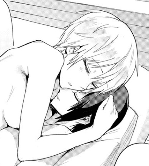a black and white mangastyle illustration depicts two young women cuddling intimately in bed. one woman with short, lightcolored hair rests her head on the other's chest, who has slightly longer, darker hair.  they appear to be asleep or resting peacefully together, their bodies close and intertwined. the style is delicate and suggestive of a romantic relationship.  the scene is drawn simply, focusing on the intimate pose and emotional closeness of the characters.