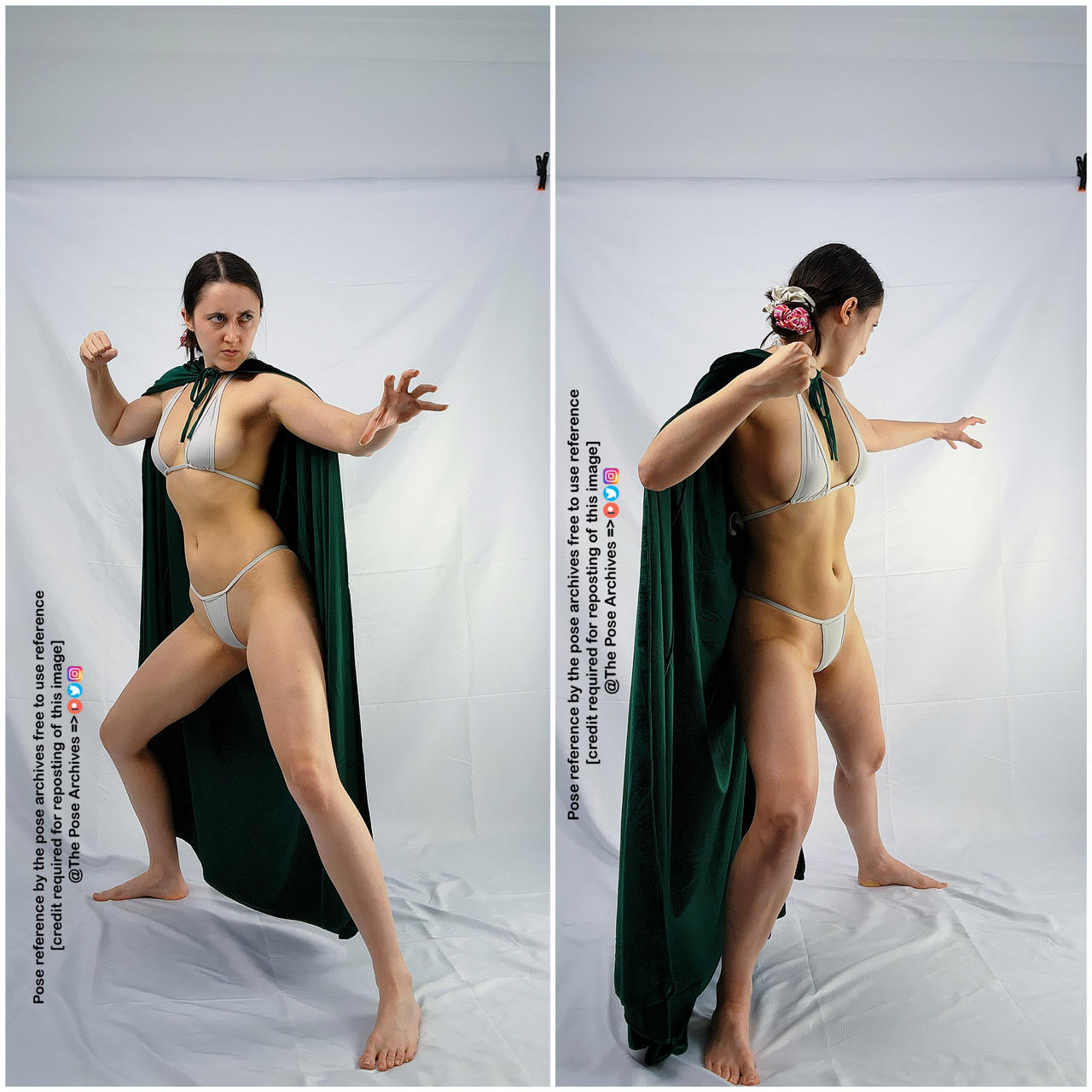 an image of a woman in a fighting stance wearing a green cape and a white bikini, her right arm raised and left arm forward with fingers extended, against a white backdrop, the image split into two nearly identical poses sidebyside.