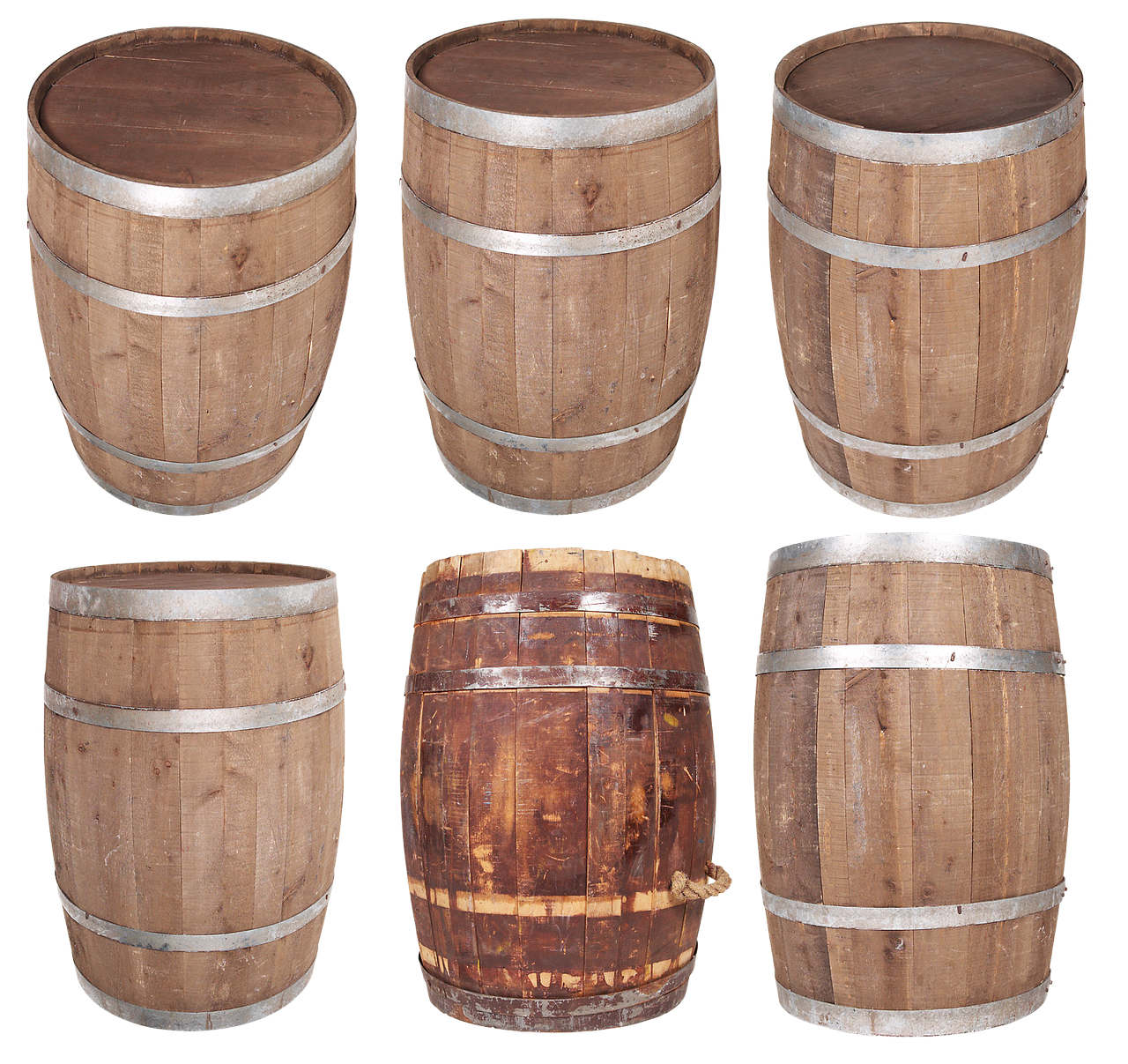 the image shows a collection of six wooden barrels against a black background. the barrels are of different sizes and shades of brown, with metal bands around them for reinforcement. they have a rustic and vintage look.