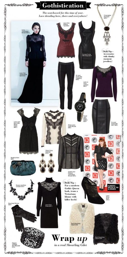 the image showcases a collection of gothicinspired fashion items with lace detailing, including dresses, blouses, skirts, leggings, accessories like jewelry, a watch, heels, gloves, a wristband, a purse, and gilets, along with a style tip for creating a modern gothic queen look.