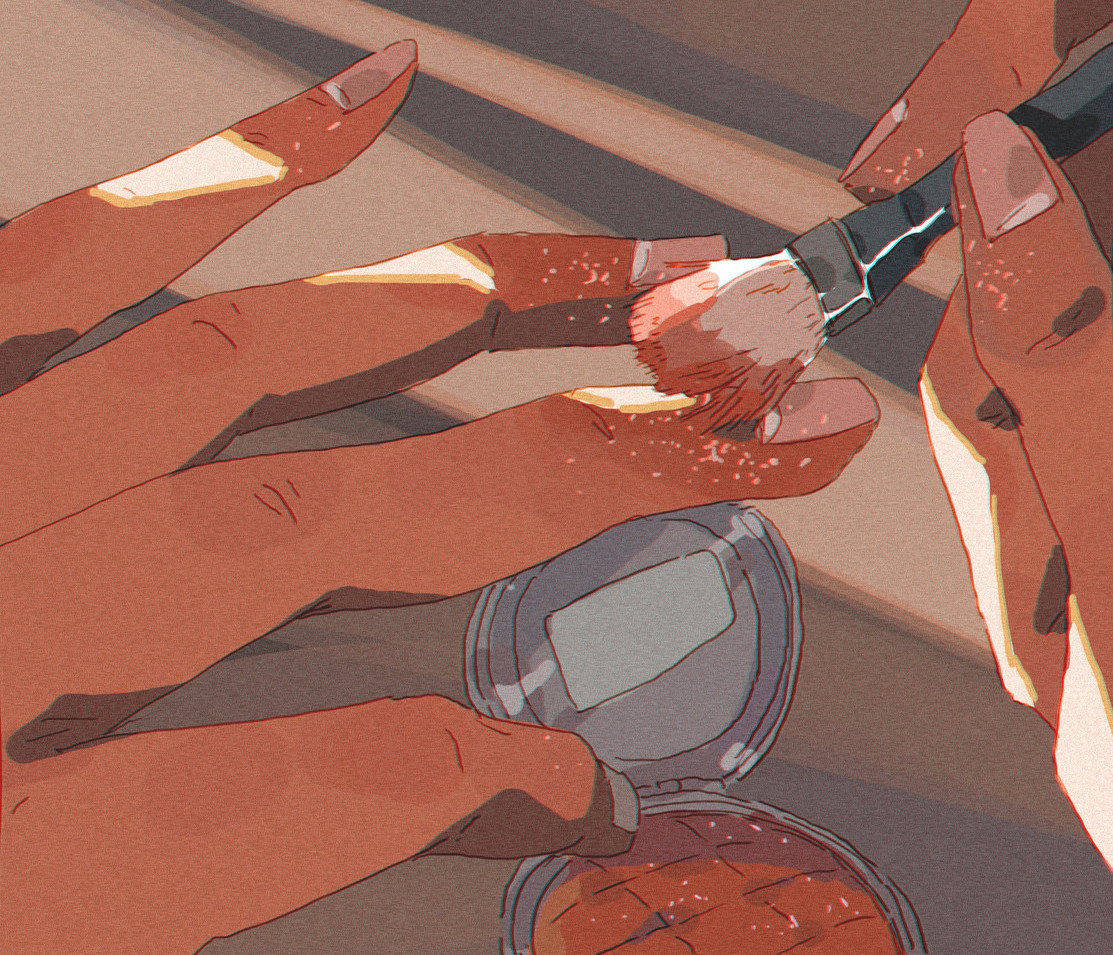 a hand is shown applying makeup to another hand. the hand is holding a brush, and it is applying blush to the other hand's finger. the image is closeup and focuses on the hands and the makeup tools. the overall tone is soft and subtle, with a focus on the beauty of the moment.