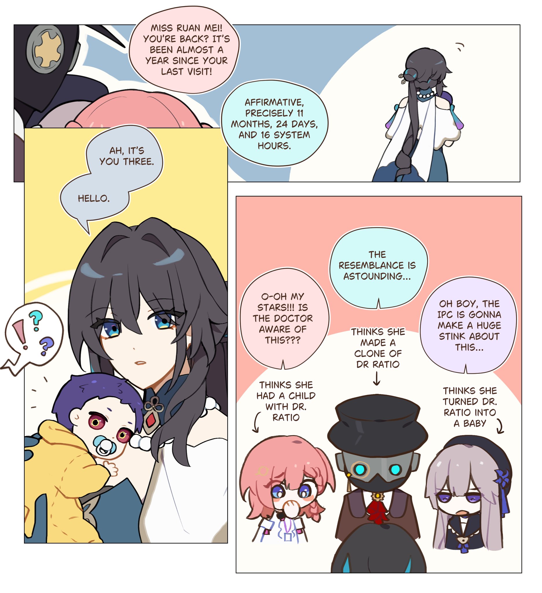 this is a panel from a manga comic. there are multiple characters in the scene. on the left, a girl is holding a baby. the girl has purple hair, blue eyes, and a pink outfit. the baby has blue hair, a purple outfit, and closed eyes. above them are three speech bubbles. the one in the center of the three says "hello." the top speech bubble says "ah, it's you three." the speech bubble on the bottom reads, "ooh my stars!!! is the doctor aware of this???"  in the center of the panel, there are three speech bubbles, one on top of the other, with downward arrows. the first speech bubble says, "the resemblance is astounding..." the second speech bubble reads, "thinks she made a clone of dr ratio." the final speech bubble says, "oh boy, the ipc is gonna make a huge stink about this..." in the center of the panel, there is a girl with pink hair and a pink outfit.  she has her mouth open and her eyes are wide. there is a speech bubble next to her that says "thinks she had a child with dr. ratio." below the pink haired girl, is a man in a dark green hat with a large red collar, a black outfit, and a black mask. to the right of him, there is a girl with grey hair and a black outfit. she is holding a cat and has a speech bubble above her head saying "thinks she turned dr. ratio into a baby."
