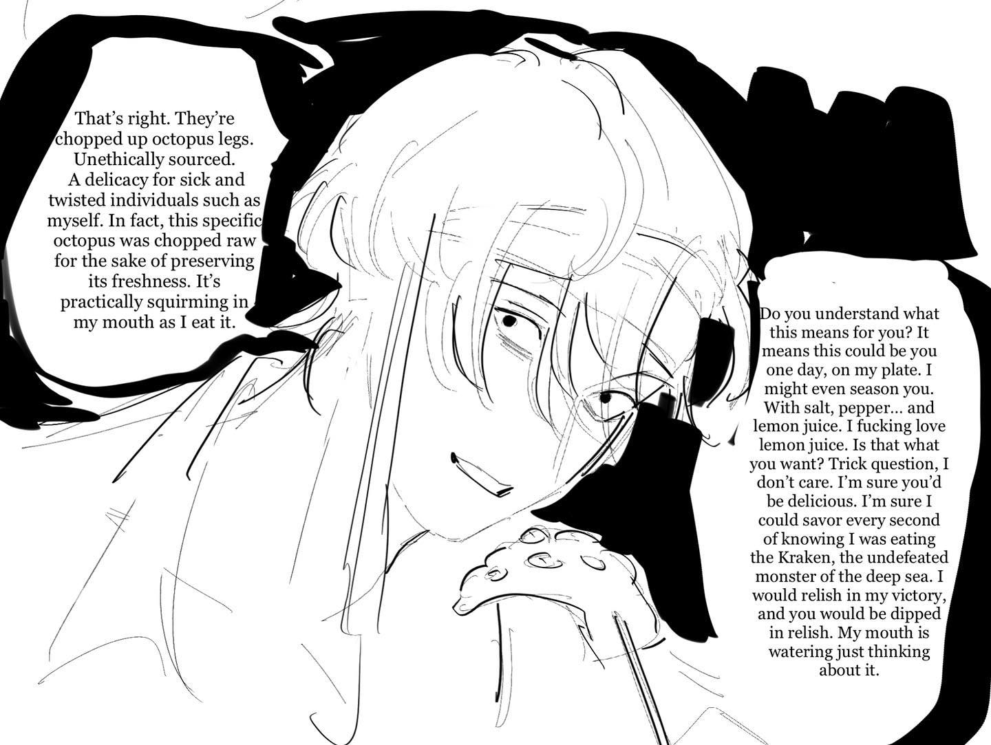 the image is a black and white manga panel featuring a closeup of a man with a sinister expression. he's monologuing
