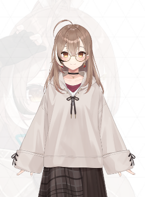 the image showcases a digital illustration of a young anime girl. she has long, flowing brown hair with a few strands playfully highlighted in a lighter shade. her warm brown eyes are accentuated by a pair of stylish, round glasses. she's dressed in a cozy, oversized beige hoodie with a laceup detail at the neckline and cuffs.  her outfit is complemented by a cute, plaid skirt in a darker shade of brown. the overall aesthetic exudes a sense of gentle charm and approachability.