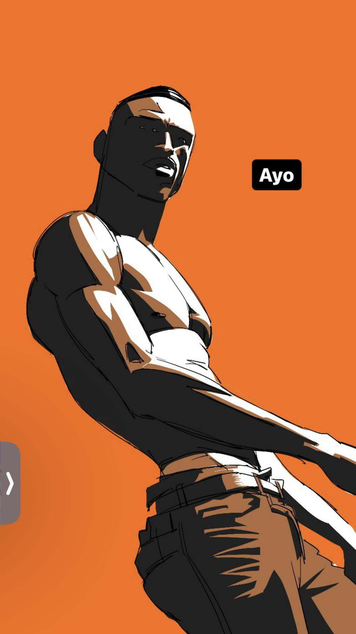 the image presents a stylized illustration of a muscular black man, cropped to showcase his torso and head against a vibrant orange background. rendered in a bold, graphic style with strong black and white contrasts, the artwork emphasizes his physique and the dynamic energy of his pose.  he appears to be caught middance move, his body angled, muscles defined, and head tilted upwards. this striking composition, combined with the minimalist color palette, lends a sense of power and confidence to the subject.