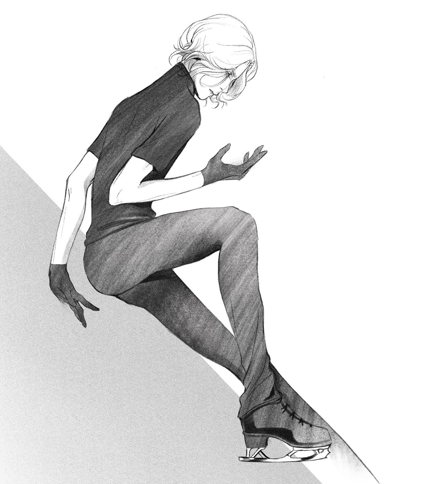 a pencil drawing of a male figure skater. the drawing is done in a black and white style and shows the skater's side view. the skater is wearing black pants, a black top, and black gloves, and is standing on one skate with the other leg bent. the drawing is very detailed and captures the athlete's strength and grace.