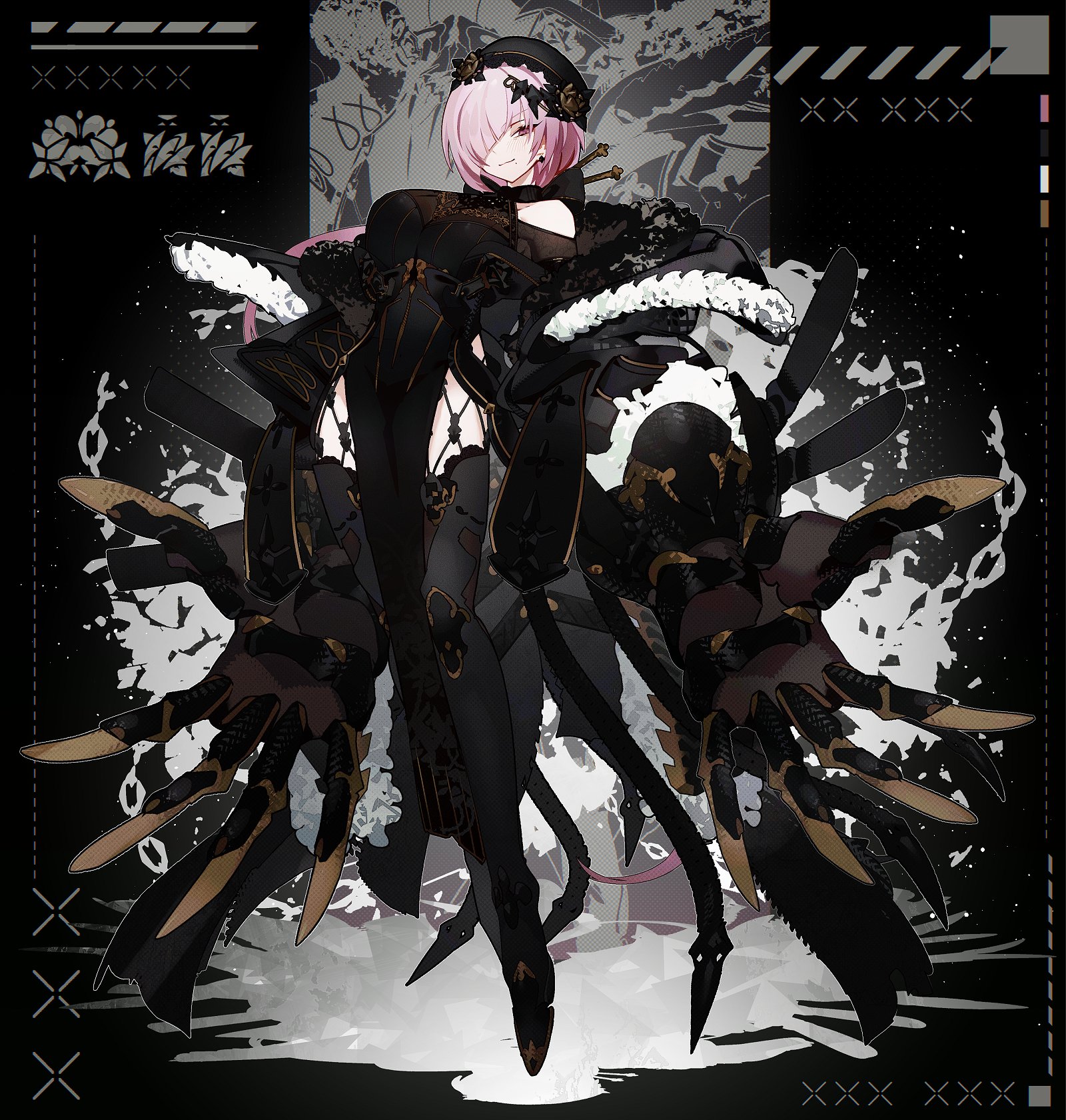a female anime character stands in a dynamic pose against a dark, abstract background. she has pale skin, pink hair, and piercing red eyes. her attire is a striking combination of black and gold, featuring a flowing dress, ornate jewelry, and thighhigh boots. the character is armed with numerous blades that extend from her back and hands, suggesting a powerful and dangerous persona. the overall aesthetic leans heavily into dark fantasy and gothic themes, with a focus on intricate details and dramatic lighting.