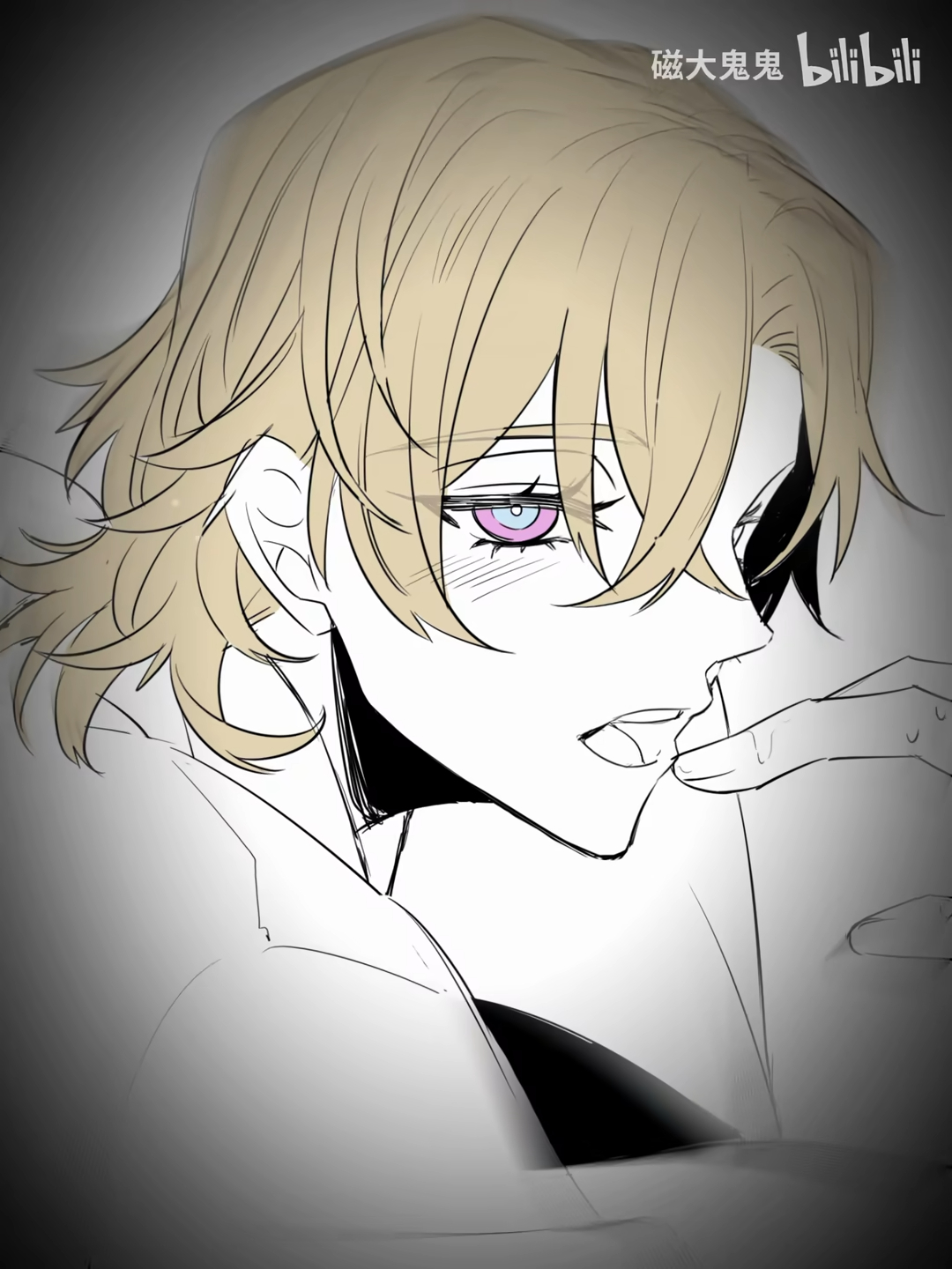 the image is a closeup sketch of an animestyle male character with long blond hair and purple eyes. the character has a suggestive expression, with a hand near his mouth. the style is a mix of sketch and grayscale rendering, creating a sensual and slightly mysterious feel. the "bilibili" watermark suggests the artwork may originate from or be associated with the bilibili platform.
