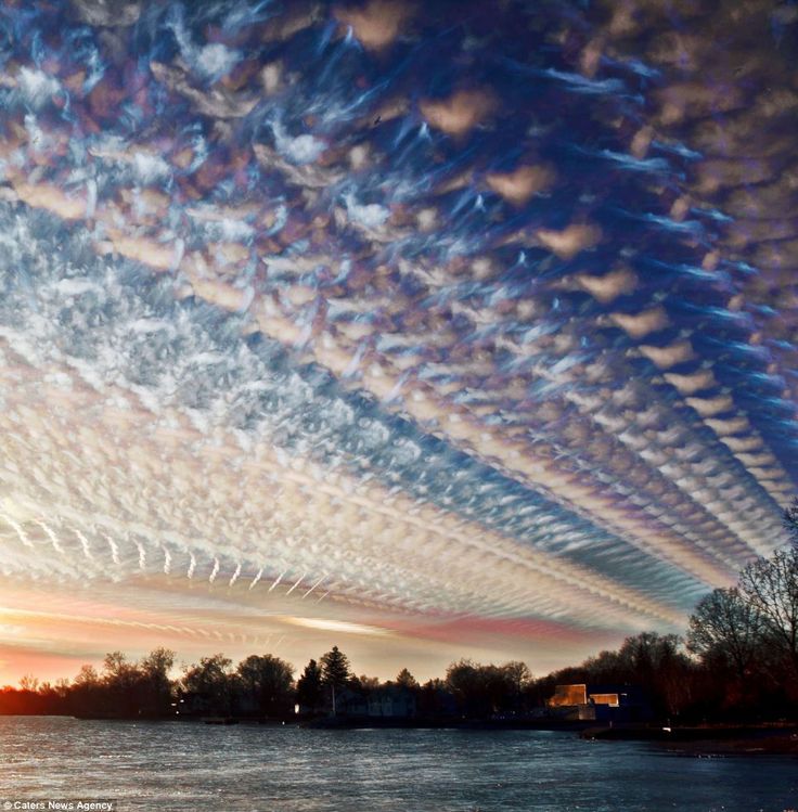 a breathtaking view of a sky filled with rows of clouds, creating a mesmerizing cloud formation. the sunset casts a warm glow, adding depth and vibrancy to the scene. silhouettes of trees line the shore of a lake, reflecting the colorful sky. the image captures a moment of natural beauty, highlighting the intricate patterns and textures of the clouds.