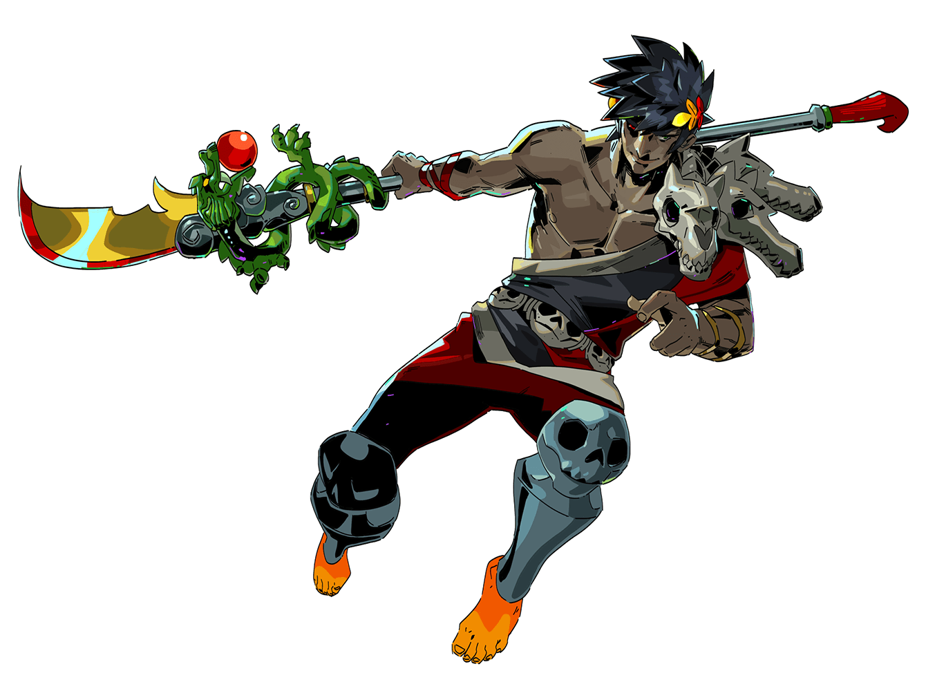 a warrior is midair in a dynamic pose, wielding a long, curved weapon with a dragon head handle and skull adornments. they are wearing red pants, a black sash, and a skulldecorated arm guard. the illustration style is vibrant and animated.