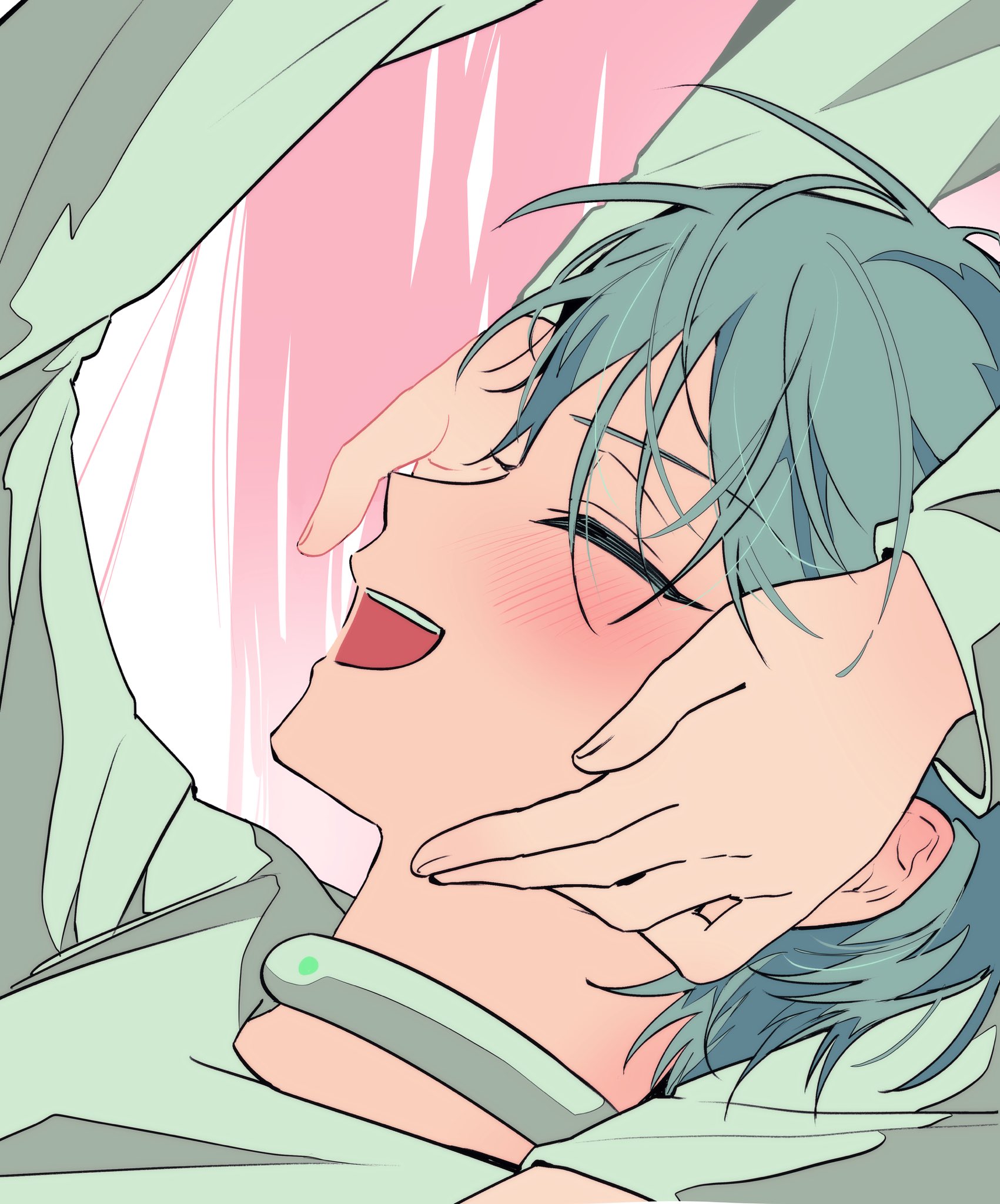 a close up of an anime boy with blue hair, he is blushing and smiling as someone touches his neck and cheek. he is wearing a white collar with a green trim. the background is pink and white.