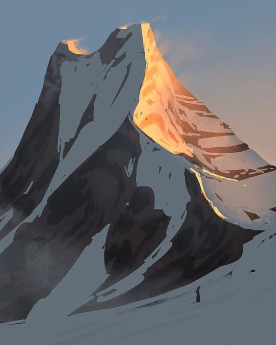 a digital painting of a majestic snowcapped mountain bathed in the warm light of sunset. the peak is partially illuminated by the golden light, casting long shadows on the snowcovered slopes. a lone hiker can be seen in the distance, dwarfed by the immensity of the mountain. the overall style is impressionistic, with visible brushstrokes and a focus on capturing the essence of light and atmosphere.