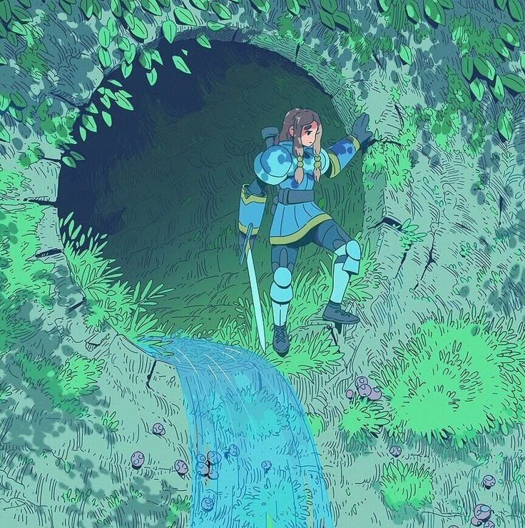 the image depicts a woman dressed as a warrior with a sword, standing near the entrance of a cave, surrounded by lush greenery and a waterfall.