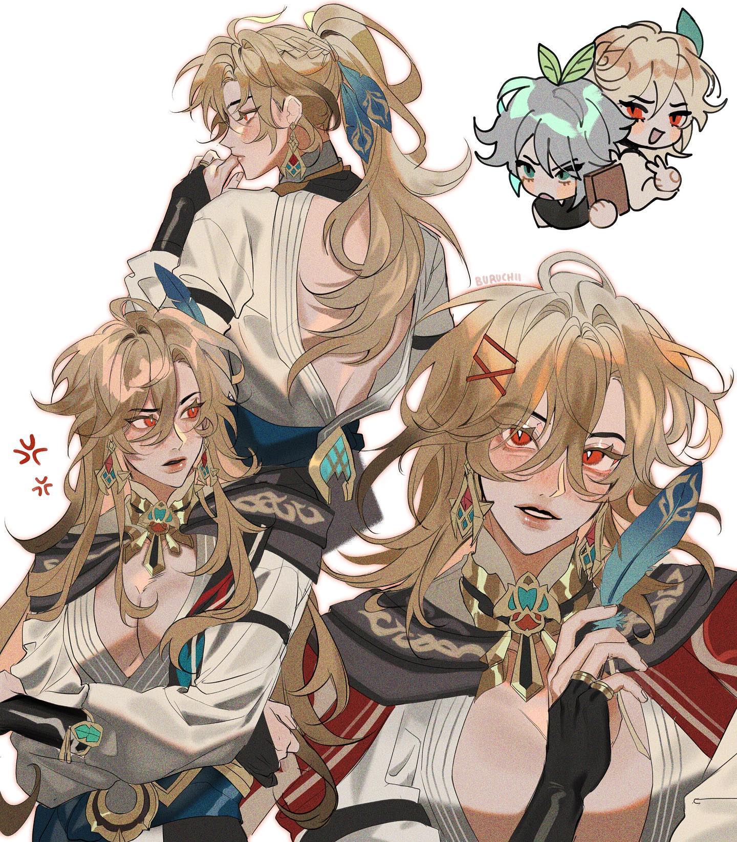 the image is a piece of fanart featuring albedo from the game genshin impact. it showcases three distinct depictions of albedo:1. back view: a drawing of albedo from behind, showcasing his long blond hair styled in a ponytail adorned with a blue feather.  he is wearing an elegant, ornate outfit.2. front view (angrier expression): a closer, more detailed view of albedo from the front. he has a serious, slightly angry expression, and his hair is more loosely styled.  his attire is similar to the back view but more details are visible.3. front view (smoother expression): another front view, this one showcasing a calmer, more serene expression on albedo's face. he is holding a blue feather, his clothing is similar, but the overall impression is different.in addition to these three main portrayals, there are two small chibistyle depictions of albedo in the upper right corner, one of whom appears to be holding a book.  the art style is digitally rendered, using soft colors and a slightly painterly effect. the overall piece conveys a variety of moods and perspectives of the same character.