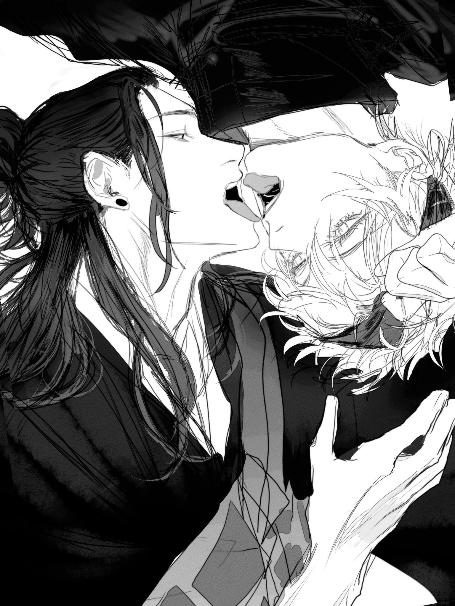 a black and white illustration of an anime couple