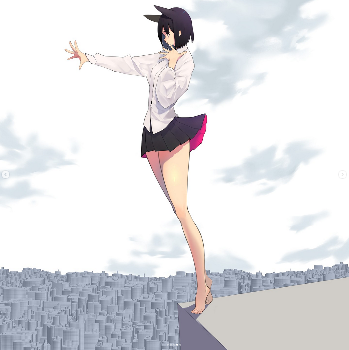 the image depicts an anime girl standing on the edge of a rooftop, her back to the viewer, looking out over a sprawling cityscape. she's wearing a white, longsleeved, buttondown shirt and a black skirt with a red lining, which is billowing out around her legs due to the wind. her pose is dramatic,  with one arm outstretched and the other hand touching her face. the city below is rendered in shades of grey,  creating a contrast with the girl's more vibrant colors. the sky is bright, with soft clouds,  suggesting a daytime setting.