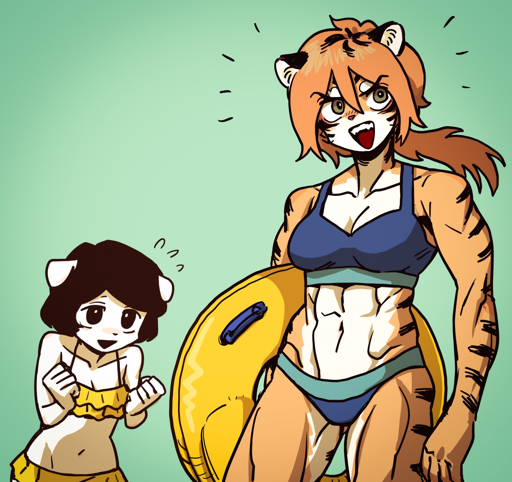a muscular tiger girl in a blue bikini is holding a yellow float and smiling at a small white cat girl in a yellow bikini. the cat girl is smiling back, also looking excited. the tiger girl is very buff and has tiger stripes on her arms and legs. the background is a light green.