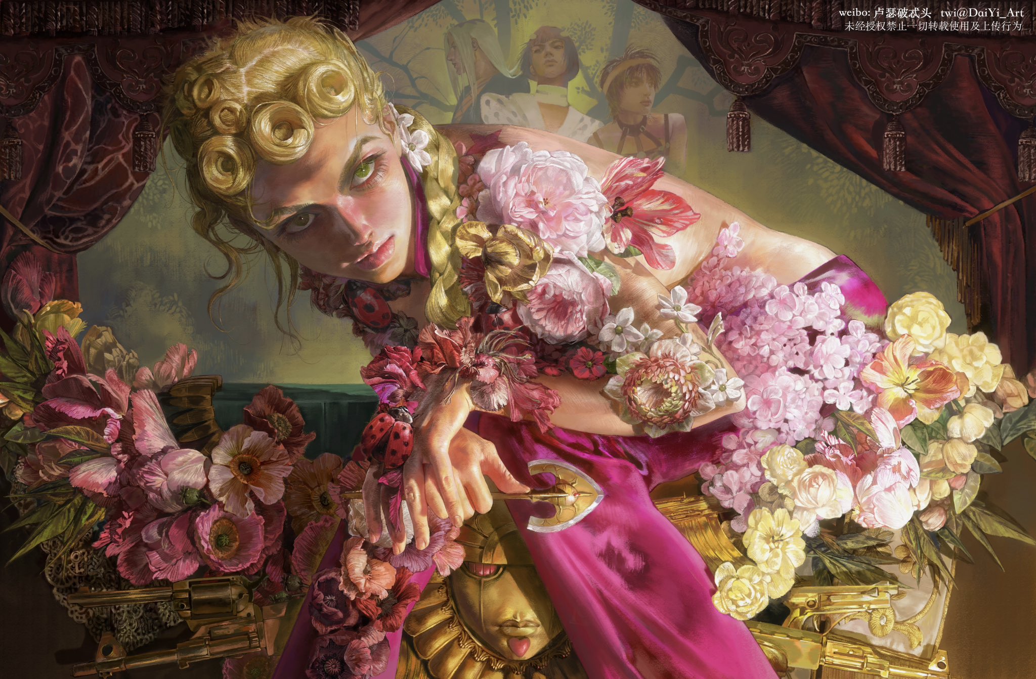 the image is a digital painting that appears to be fanart of giorno giovanna from jojo's bizarre adventure.  he is depicted as a young woman adorned in a vibrant pink dress heavily embellished with a profusion of various flowers, including roses, peonies, and lilies. ladybugs are interspersed among the blossoms. he sits or leans on an ornate golden thronelike structure, with two golden pistols partially visible near the bottom. the background features dark red curtains and a subtly visible scene suggestive of other characters from the series. the overall style is highly detailed and realistic, blending elements of baroque and art deco aesthetics.  the lighting is dramatic, emphasizing giorno's features and the texture of the flowers. the expression on giorno's face is intriguing and slightly melancholic.