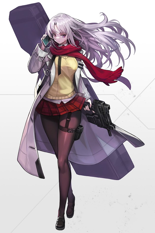 the image is of an anime girl in a white coat, black tights, and red scarf. she is walking with a guitar case slung over her shoulder and a gun in her other hand. she has long purple hair and is talking on her phone. the background is a white and grey checkered pattern.