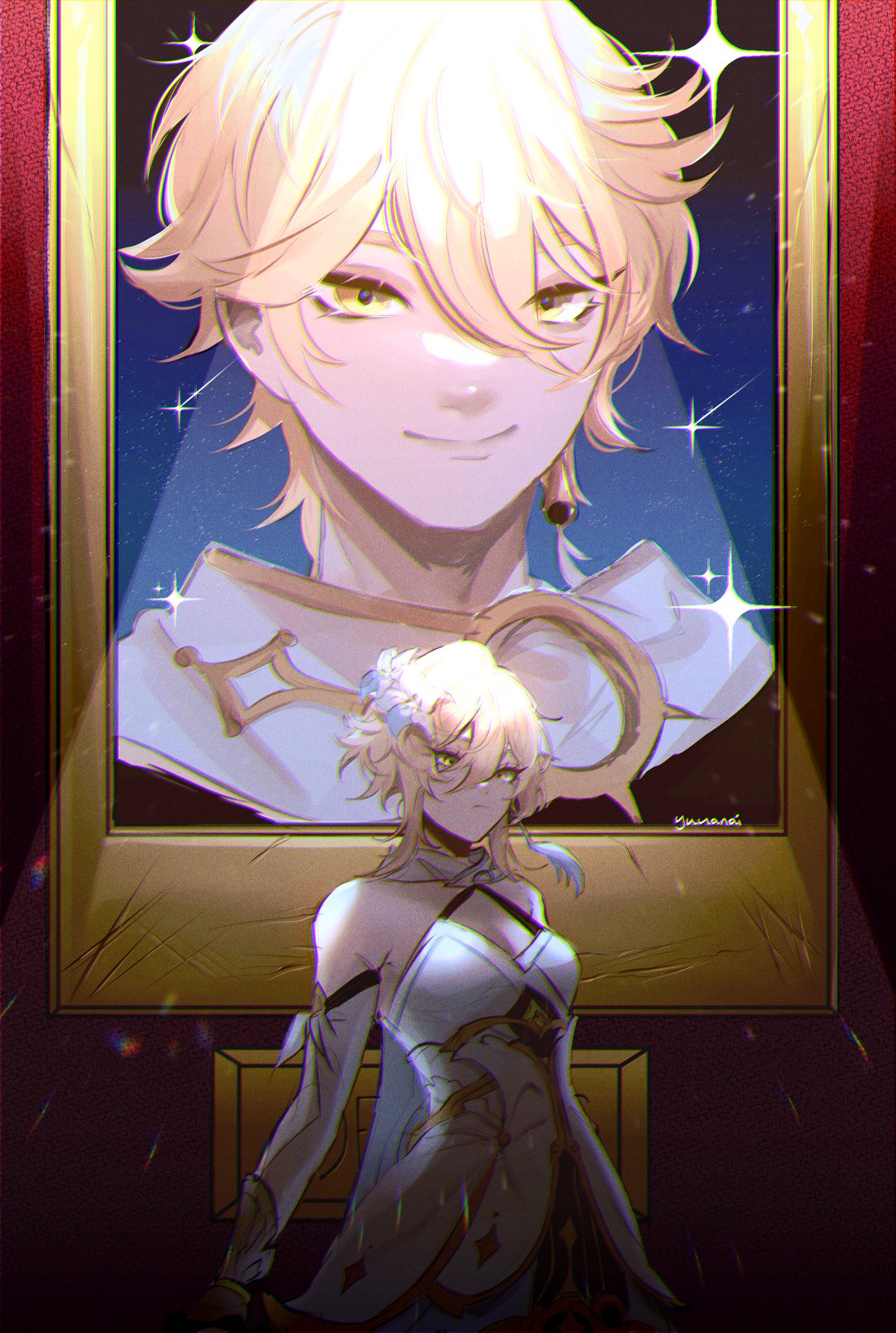 a blonde haired anime girl in a white dress stands in front of a portrait of another blonde haired anime character. the painting is in an ornate gold frame. the background is a dark purple and red. the girl in the foreground has a wistful expression on her face.