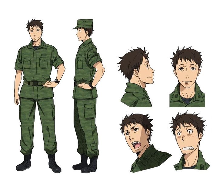 this image is a character design sheet for an anime character. it features a man in a green camouflage military uniform. the sheet shows the character from the front, side and back, as well as close up shots of the characters face with different expressions.  the character is drawn in a realistic style and the overall design is very detailed.
