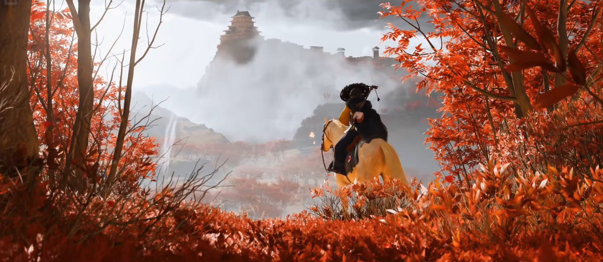 a person rides a horse up a mountain towards a castle shrouded in fog. the trees are ablaze with red autumn leaves. the scene is a beautiful and evocative portrait of fall in a mystical setting.