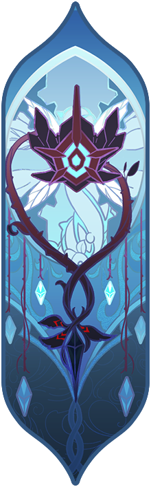 a stylized image of a heart shaped vine, with a crystallike design in the middle and gems around the edge.  the background is blue and white.  the colors are purple, blue, and white.  the image is likely from a video game or other fantasy artwork.
