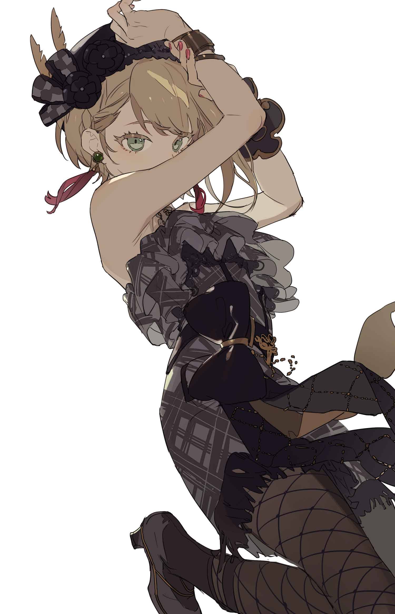 a full body illustration of a girl with a pale complexion, green eyes, and blonde hair. she is wearing a dark dress with ribbons and ruffles, fishnet stockings, and heels. she also has a headpiece, a choker, a necklace, and rings. she has a pensive expression.